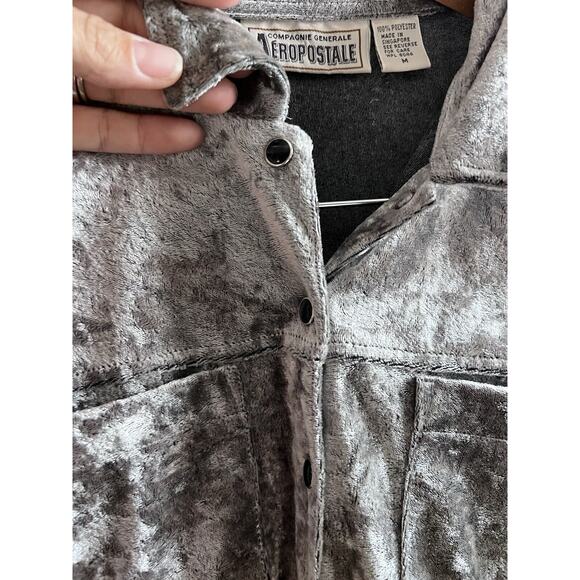 Aeropostale Vintage Y2K Velour Blouse Snap Silver Stretchy Top Shirt 2000’s - Picture 3 of 8